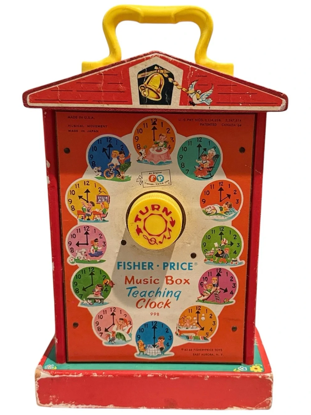 Vintage Fisher Price 998 Teaching Clock Music Box Toy 1960s Made USA Wooden